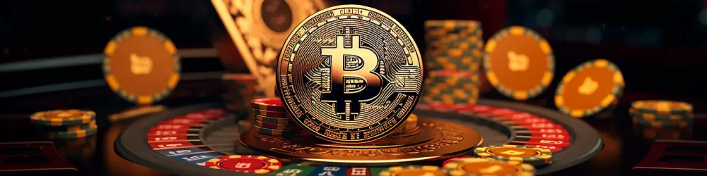 Bitcoin coin displayed on a roulette table surrounded by poker chips, representing cryptocurrency in casino gaming.