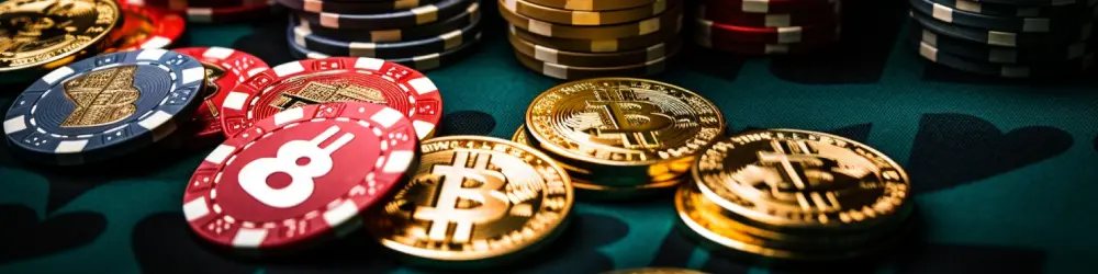 Poker chips and Bitcoin coins placed on a casino table, symbolizing the integration of cryptocurrency in gaming.