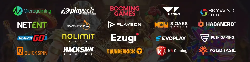 Logos of various online gaming providers, including Microgaming, Playtech, NetEnt, and Pragmatic Play, showcasing top game developers.